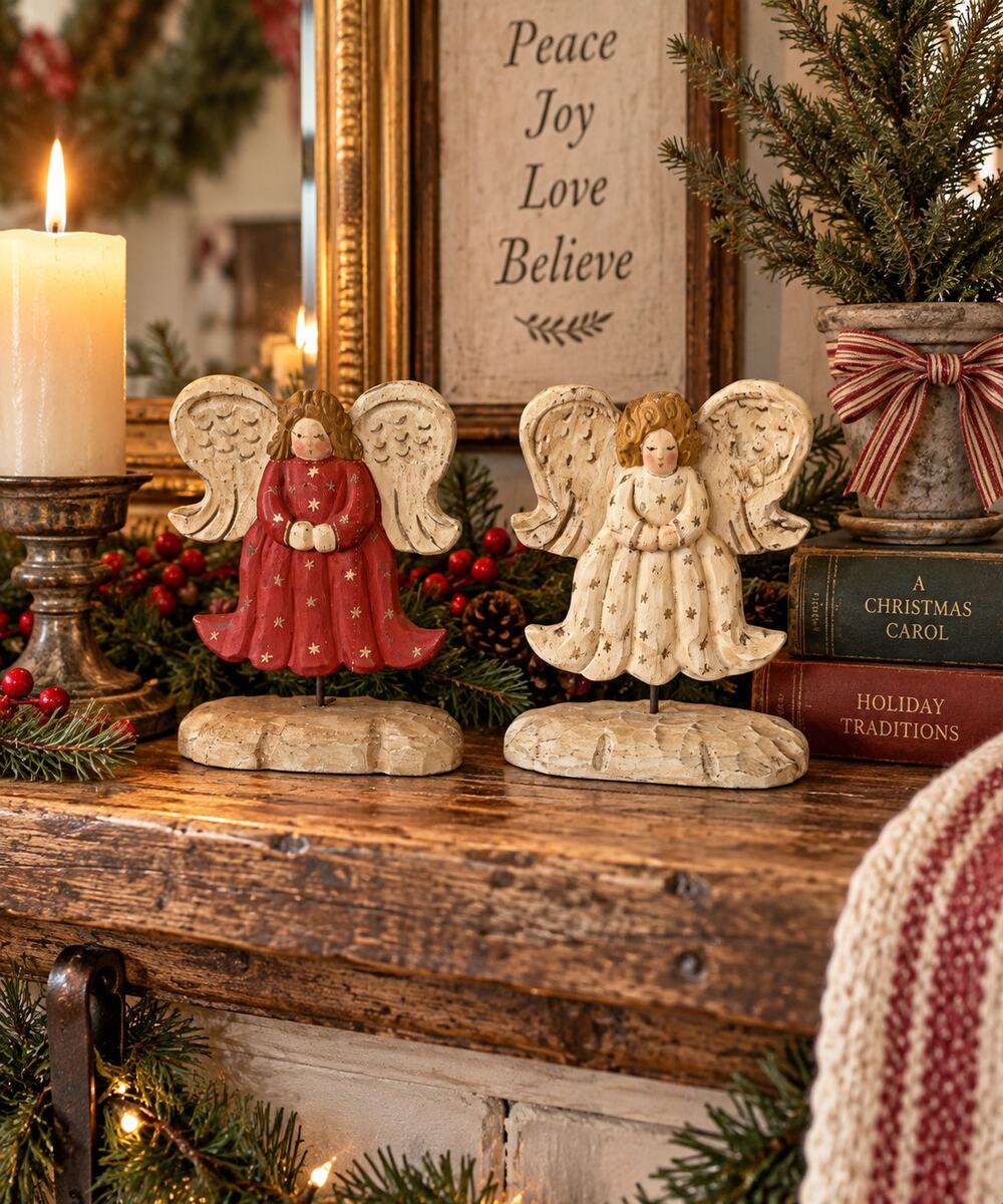 Vintage Pair of James Haddon Wooden Angels on Stands